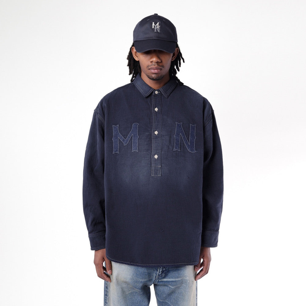 MADNESS 1/2 PLACKET MN-TEAM TWILL SHIRT (MADE IN JAPAN)-BLUE