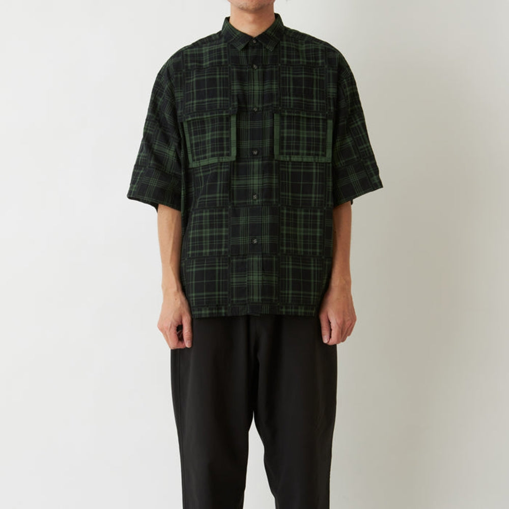 WHITE MOUNTAINEERING CHECK PATCHWORK JACQUARD SHORT SLEEVE SHIRT-GREEN