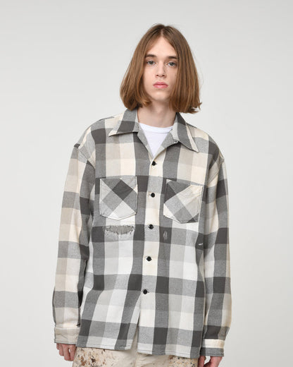 BOWWOW DAMAGED AND STAINED FLANNEL SHIRT-GRAY/WHITE