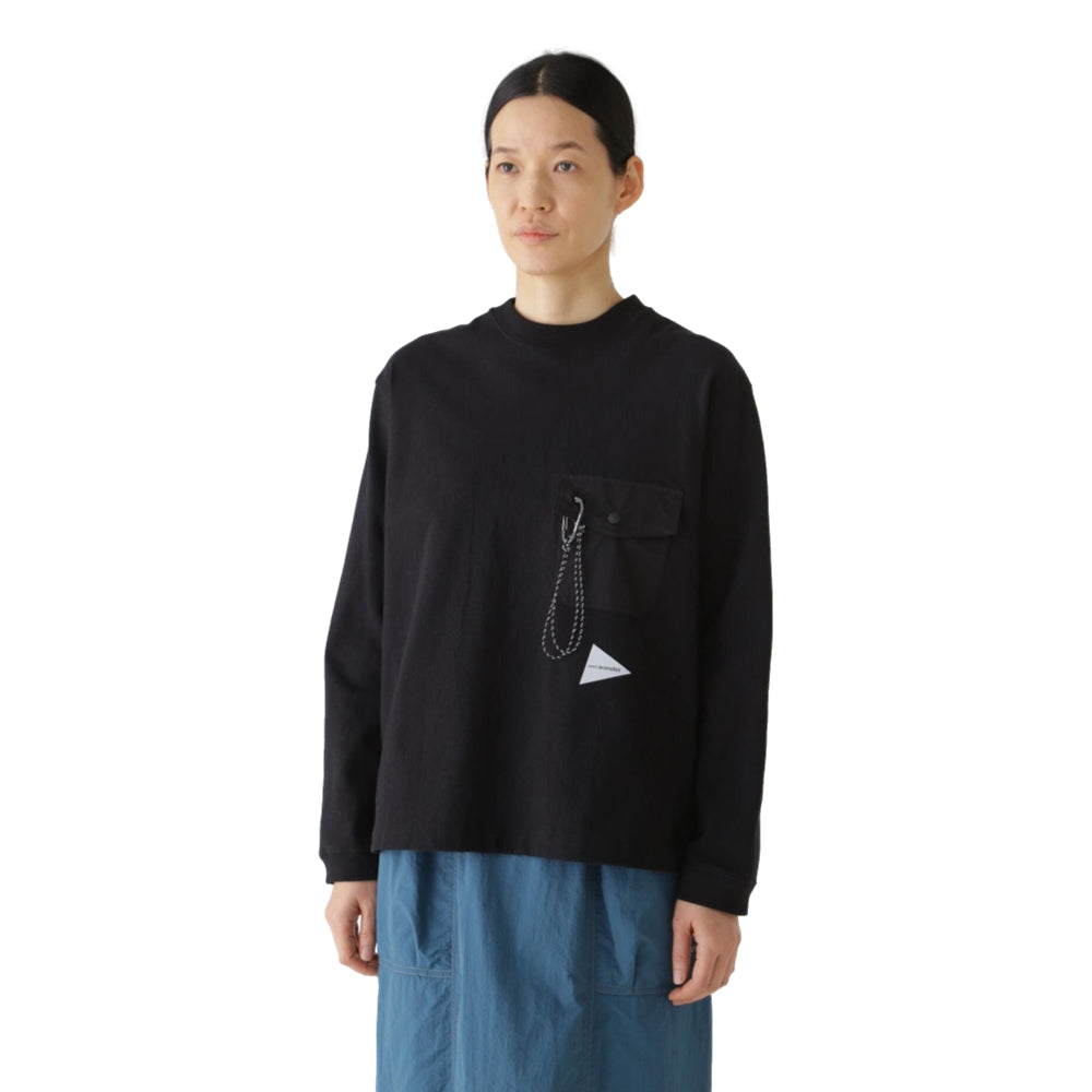AND WANDER HEAVY COTTON POCKET LS T-BLACK
