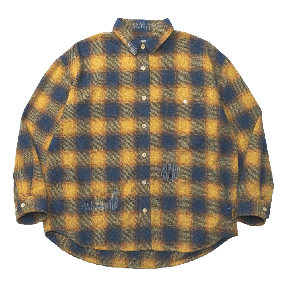 MADNESS JAZZ-NEP DISTRESSED FLANNEL BD SHIRT (MADE IN JAPAN)-GOLDEN ORANGE