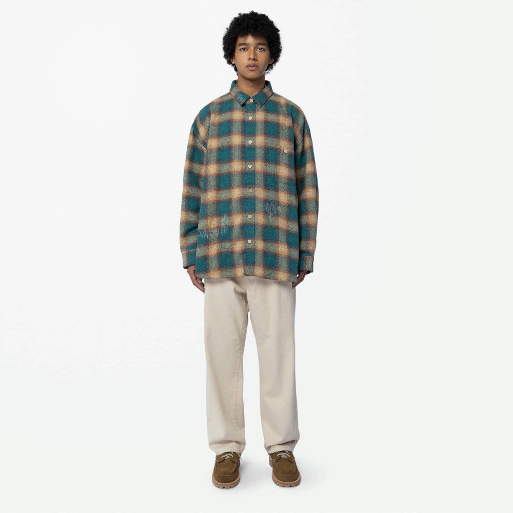 MADNESS JAZZ-NEP DISTRESSED FLANNEL BD SHIRT (MADE IN JAPAN)-EMERALD GREEN