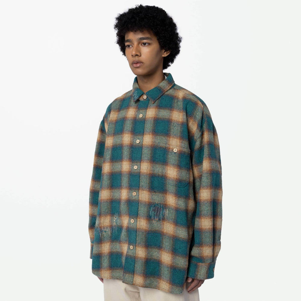 MADNESS JAZZ-NEP DISTRESSED FLANNEL BD SHIRT (MADE IN JAPAN)-EMERALD GREEN