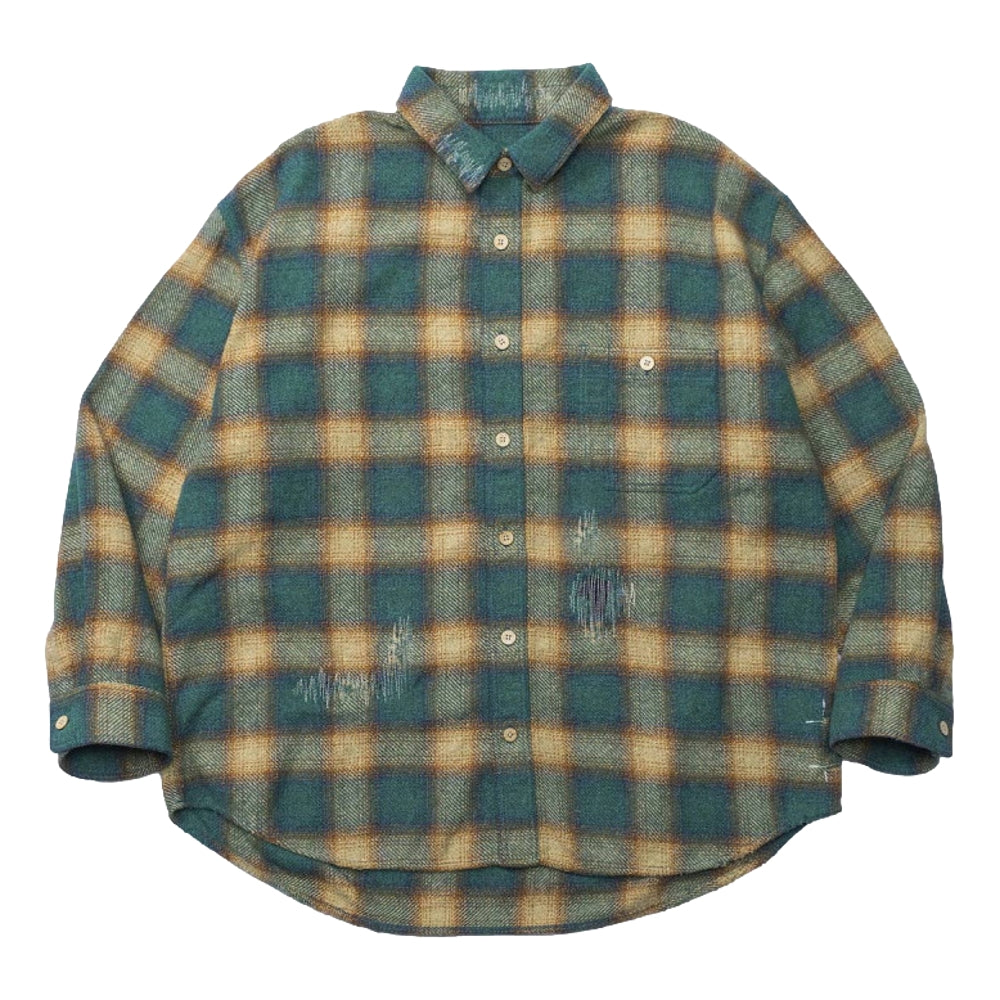 MADNESS JAZZ-NEP DISTRESSED FLANNEL BD SHIRT (MADE IN JAPAN)-EMERALD GREEN
