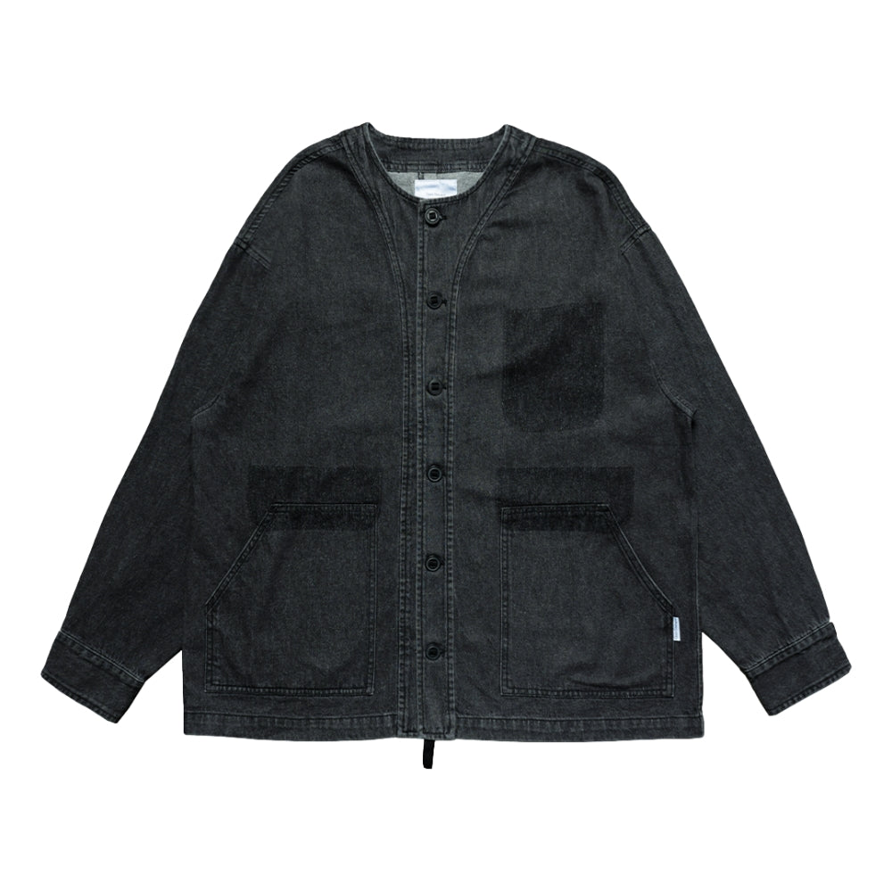 WASHED DENIM COLLARLESS SHIRT