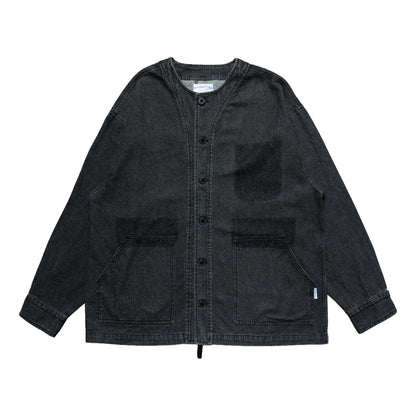 WASHED DENIM COLLARLESS SHIRT