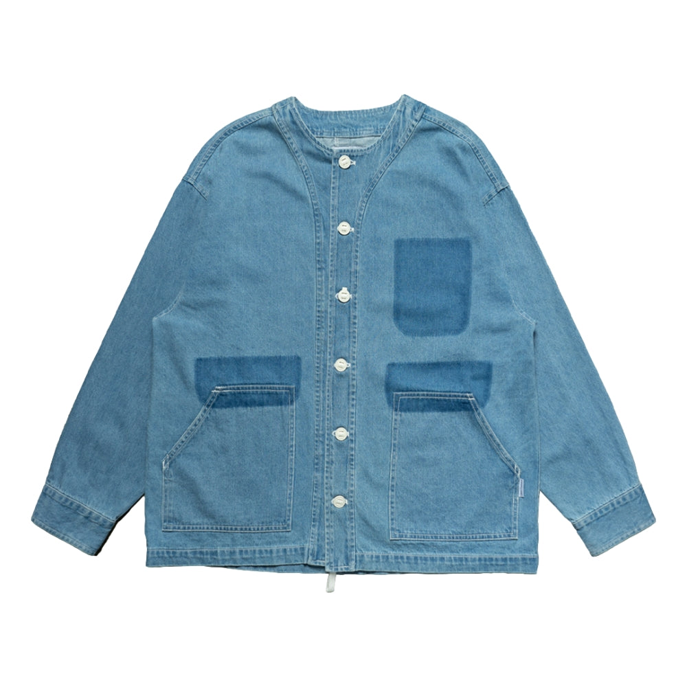 WASHED DENIM COLLARLESS SHIRT