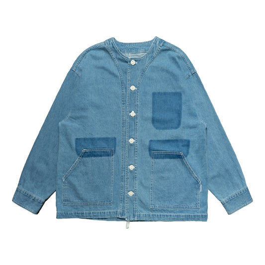 WASHED DENIM COLLARLESS SHIRT