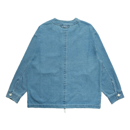 WASHED DENIM COLLARLESS SHIRT