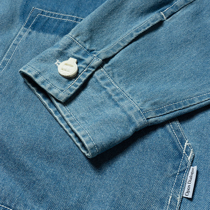 WASHED DENIM COLLARLESS SHIRT