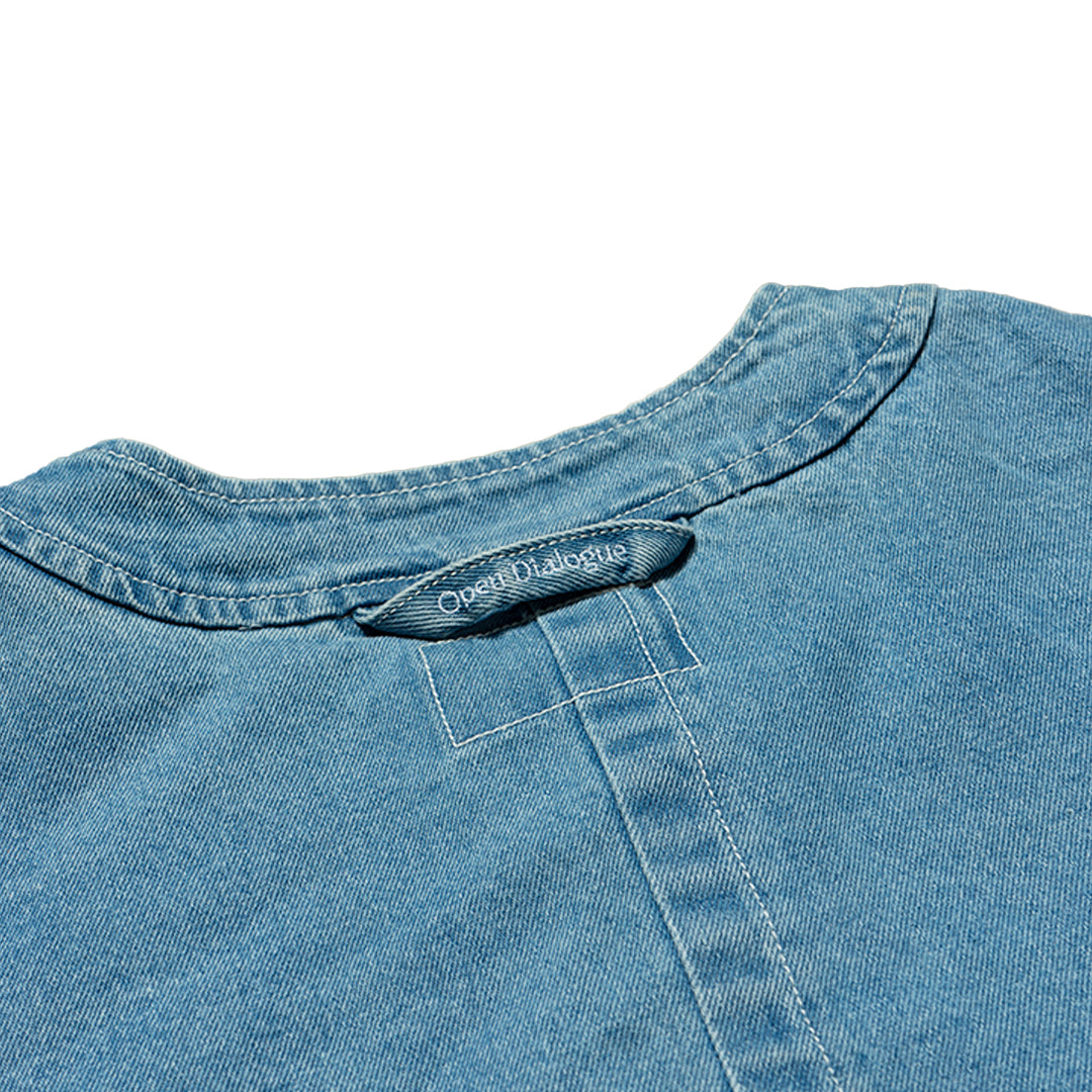 WASHED DENIM COLLARLESS SHIRT