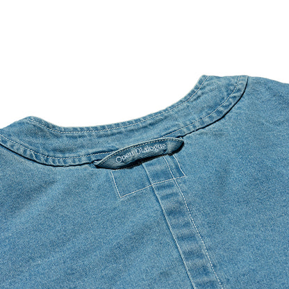 WASHED DENIM COLLARLESS SHIRT