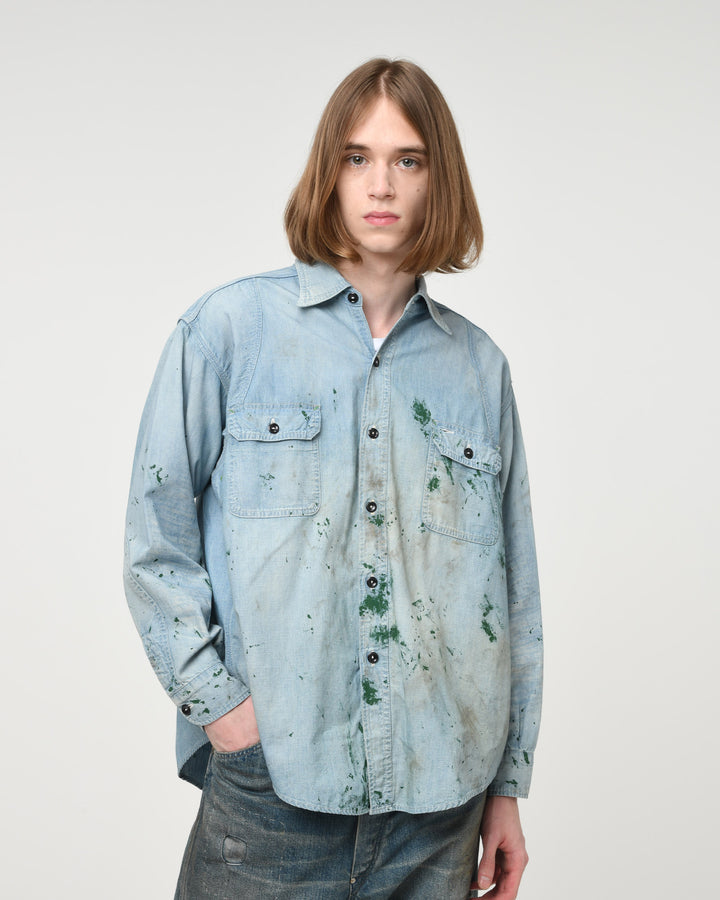 BOWWOW PAINT STAINED CHAMBRAY SHIRT VENT HOLES-INDIGO