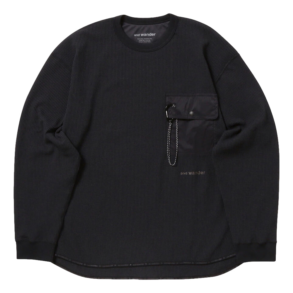 AND WANDER PE WAFFLE LONG SLEEVE T-BLACK