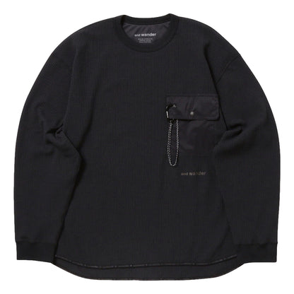 AND WANDER PE WAFFLE LONG SLEEVE T-BLACK