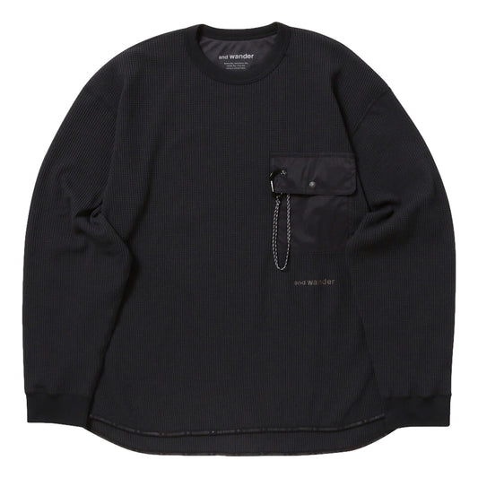 AND WANDER PE WAFFLE LONG SLEEVE T-BLACK