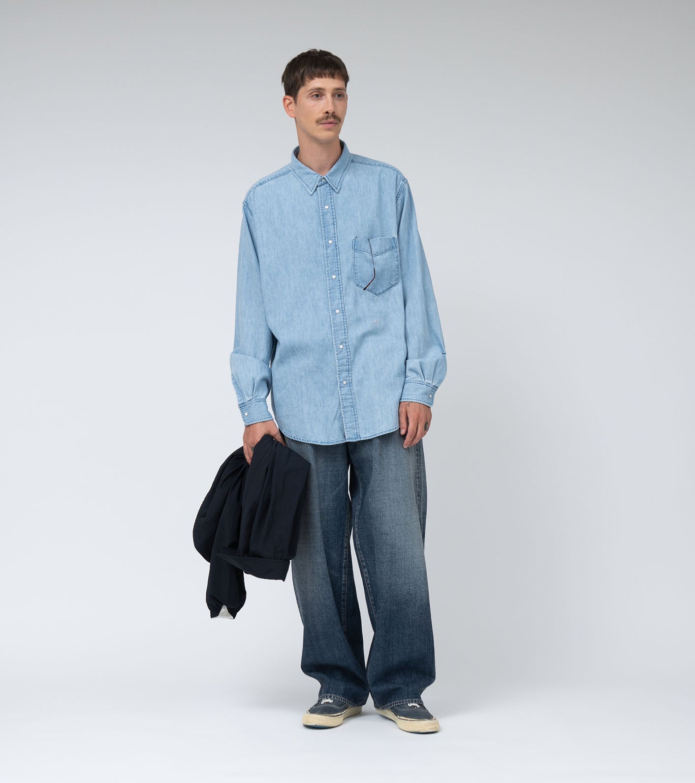 Nanamica REGULAR COLLAR LIGHT DENIM SHIRT-INDIGO BLEACH