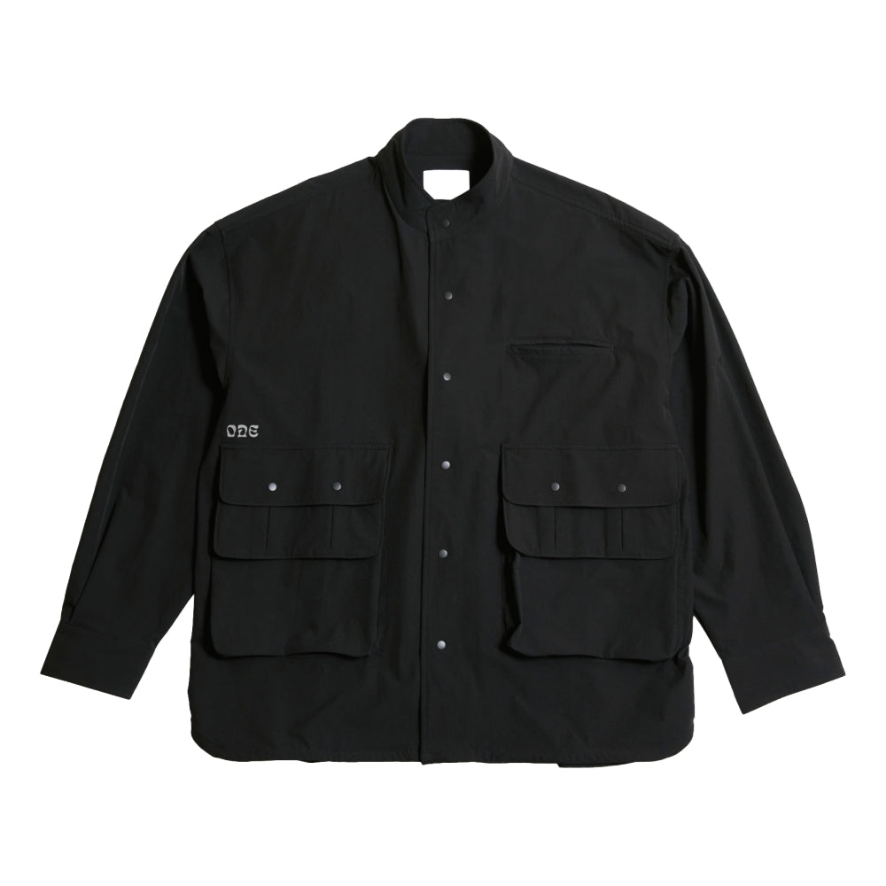 OPEN DIALOGUE STAND COLLAR MULTI POCKET SHIRT-BLACK