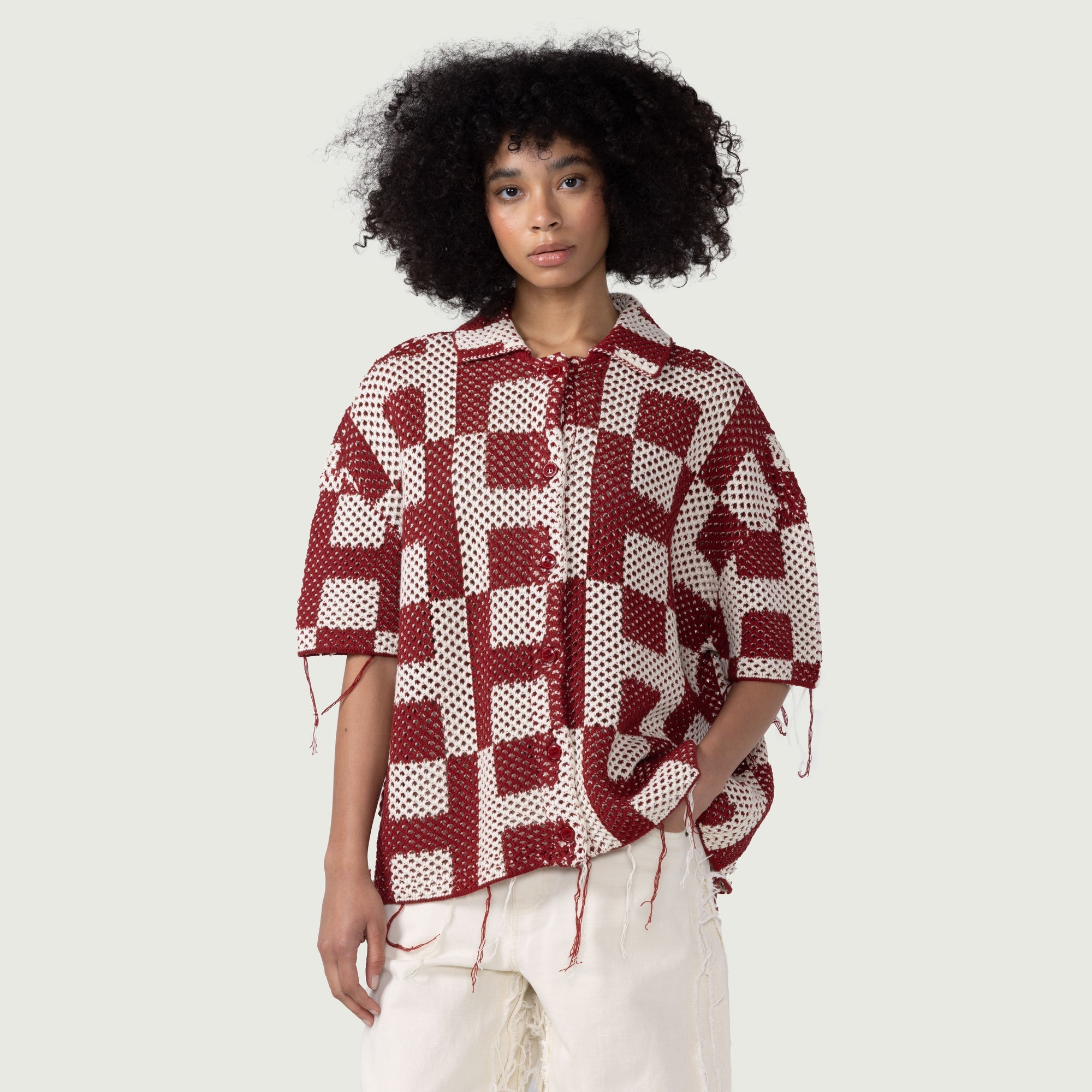 HONOR THE GIFT UNISEX CROCHET SS BUTTON DOWN-RED