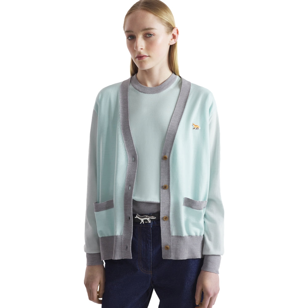 MAISON KITSUNE W BABY FOX PATCH COLOR BLOCK CARDIGAN-PEPPERMINT